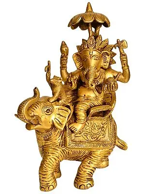 9" Ganesha Idol on an Elephant with His Mouse | Handmade Brass Statue | Made in India