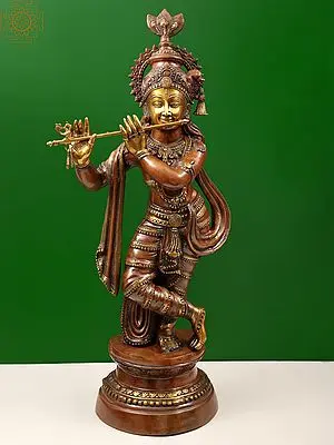 36" Large Size Krishna Playing the Flute in Brass | Handmade | Made In India