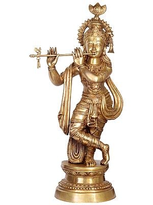 36" Large Size Krishna Playing the Flute in Brass | Handmade | Made In India