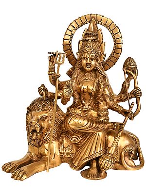 12" Ashtabhuja-Dhari Durga Idol Seated on Lion | Handmade Brass Statue