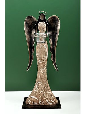 19" Wooden Angel with Candle Stand | Handmade