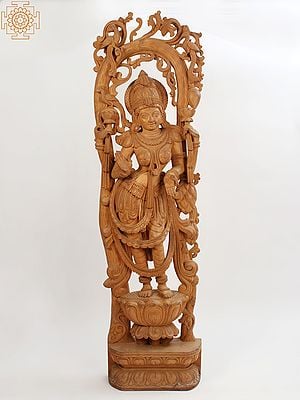76" Superfine Large Wooden Standing Goddess Lakshmi On Lotus Pedestal