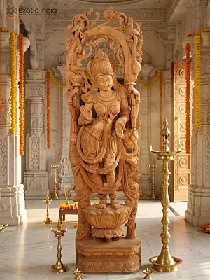 76" Superfine Large Wooden Standing Goddess Lakshmi On Lotus Pedestal