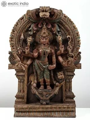 36" Large Eight Armed Standing Goddess Durga with Kirtimukha Arch | Wood Carved Statue and Wall Hanging Both