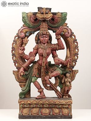 36" Large Six-Armed Dancing Devi Parvati on Kirtimukha Throne | Wood Carved Statue