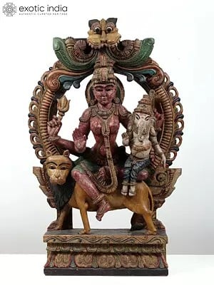 36" Large Goddess Sivagami (Parvati) with Baby Ganesha | Wood Carved Wall Hanging Statue