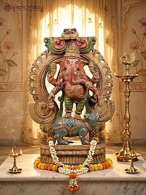 36" Large Six-Armed Lord Ganesha Standing on Mushak | Wood Carved Statue