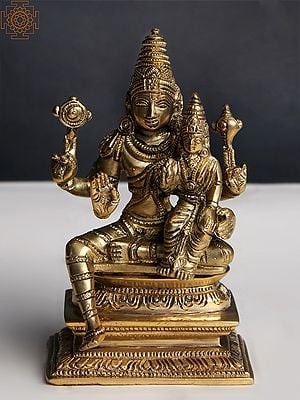 6" Small Lord Vishnu Brass Statue with Goddess Lakshmi