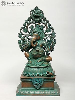 20" Lord Ganesha Seated on High Pedestal with Kirtimukha