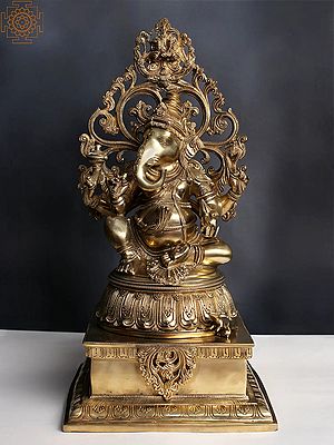 20" Lord Ganesha Seated on High Pedestal with Kirtimukha