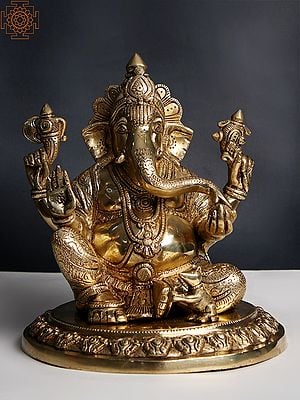 11" Brass Lord Ganesha Seated on Pedestal