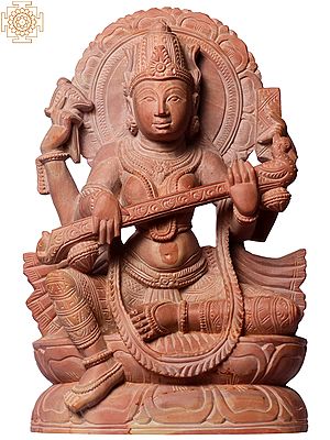 10" Goddess Saraswati Pink Stone Statue with Veena
