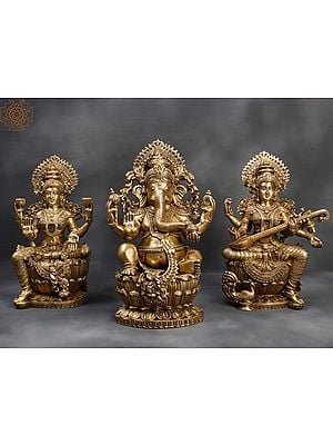 26" Lakshmi, Ganesha and Saraswati Set | Brass Statue