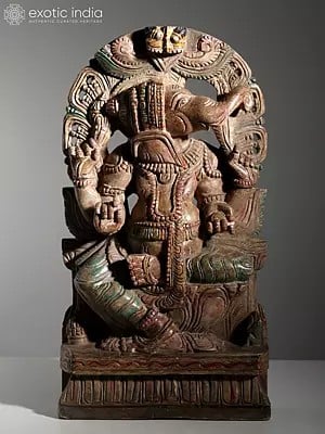 18'' Side Faced Lord Ganesha Seated on Kirtimukha Throne | Wood Carved Statue
