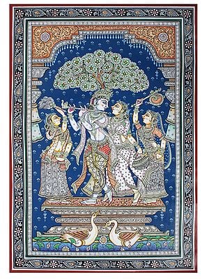 Tussar Silk Painting of Divine Pair Radha Krishna | Pattachitra Artwork By ‎Ratikanta Moharana