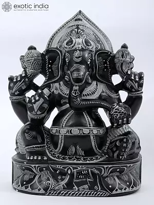 7" Sitting Chaturbhuja Lord Ganesha Stone Sculpture