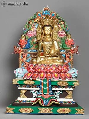 24" Crowned Buddha Seated on Ornament Throne From Nepal