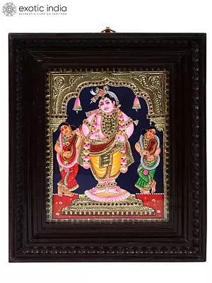 Standing Lord Krishna Tanjore Painting | Traditional Colors with Gold | Teakwood Frame | Handmade