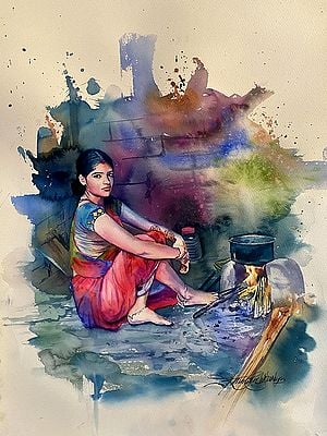 Rural Indian Woman Cooking | Watercolor Painting