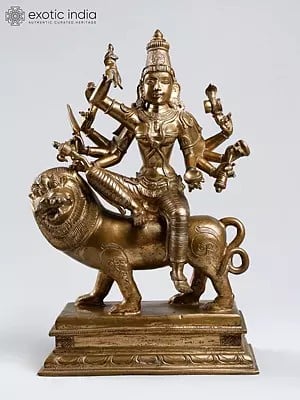 14'' Eight Armed Goddess Durga Seated on Lion | Madhuchista Vidhana (Lost-Wax) | Panchaloha Bronze from Swamimalai