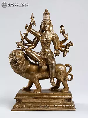 Panchaloha Bronze Statue: 14'' Eight-Armed Durga on Lion (Lost-Wax Casting)