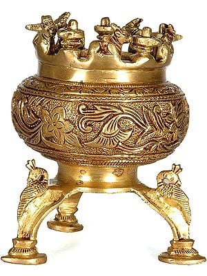 5" Incense Burner with Nandi, Shiva Linga and Peacock Legs in Brass