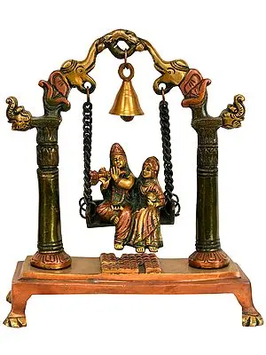 9" Radha Krishna on a Swing with Bell Atop In Brass | Handmade | Made In India