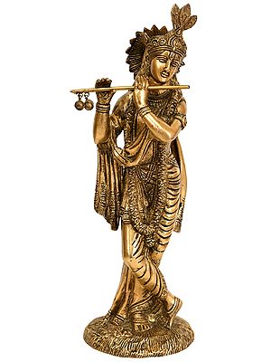 9" Lord Krishna Playing Flute In Brass | Handmade | Made In India