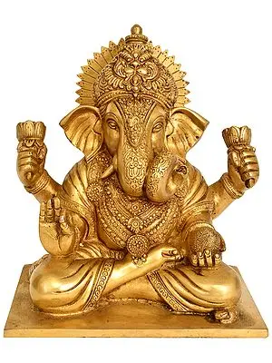 10" Lord Ganesha Wearing a Kirtimukha Crown and Holding Lotus Flowers In Brass | Handmade | Made In India