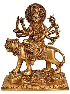 9" Goddess Durga Seated On Lion In Brass | Handmade | Made In India