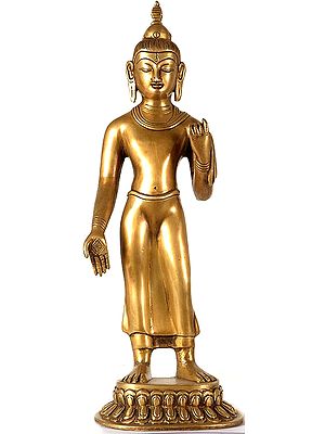 14" Standing Thai Buddha In Brass | Handmade | Made In India