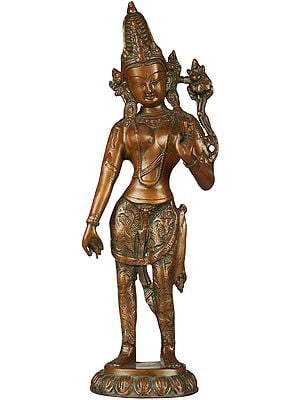 16" Tibetan Buddhist Deity- Standing Tara (Dhoti Decorated with Vegetative Designs) in Brass | Handmade | Made in India