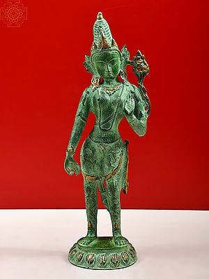 16" Tibetan Buddhist Deity- Standing Tara (Dhoti Decorated with Vegetative Designs) In Brass | Handmade | Made In India