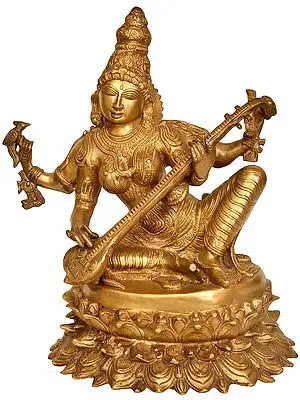 18" Four-Armed Goddess Saraswati In Brass | Handmade | Made In India