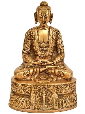 7" Lord Buddha in Dhyana Mudra (with Decorated Robe and Auspicious Symbols on Reverse) In Brass | Handmade | Made In India
