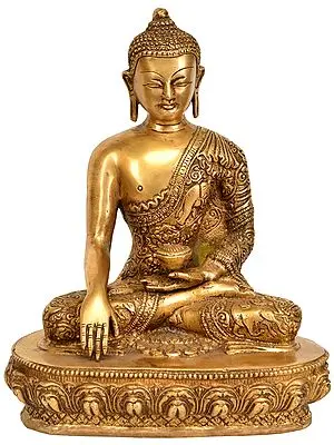 9" Buddha Seated in Bhumisparsha Mudra (Robes Ornately Decorated with Auspicious Symbols and Jataka Animals) In Brass | Handmade | Made In India