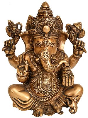 9" Chaturbhuja Ganesha Brass Statue | Handmade Indian Crafted Idol