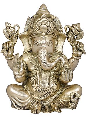 9" Chaturbhuja Ganesha Brass Statue | Handmade Indian Crafted Idol
