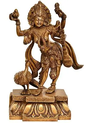 11" Goddess Saraswati Standing in Tribhanga with a Peacock In Brass | Handmade | Made In India