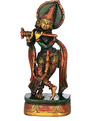 8" Lord Krishna Playing on Flute In Brass | Handmade | Made In India