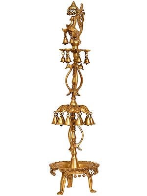 35" Mayur (Peacock) Lamp with Bells and Ghungroos In Brass | Handmade | Made In India