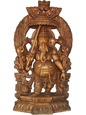 Ganesha With Parasole And Kamandalu, Under An Ornate Kirtimukha Aureole