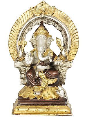 9" Seated Lord Ganesha with Prabhavali In Brass | Handmade | Made In India