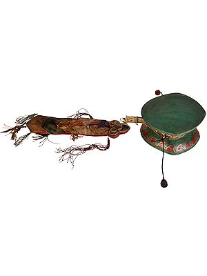 Buddhist Ritual Damaru with Silk Tassel and Hanging Brocade