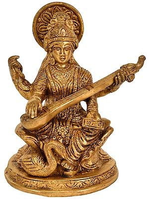 5" Goddess Saraswati Playing on Veena | Handmade Brass Statue | Made In India