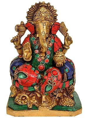 6" Lord Ganesha Brass Idol with Inlay work | Handmade | Made In India