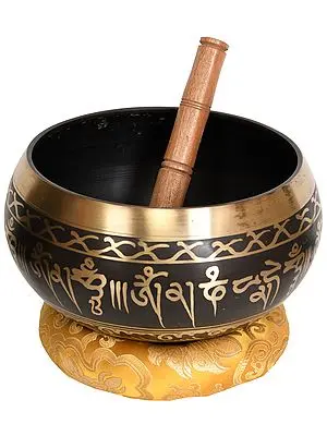 Tibetan Buddhist Singing Bowl with Five Dhyani Buddhas and Auspicious Symbols Inside