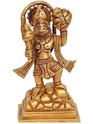 Small 3" Lord Hanuman Holding Mount Dron of Sanjeevani Herbs In Brass | Handmade | Made In India