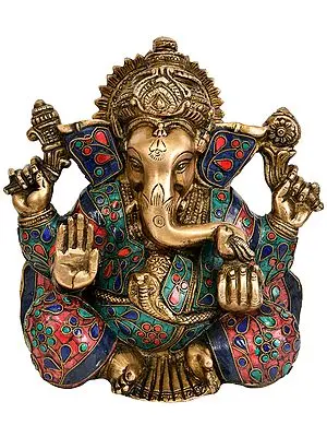 Lord Ganesha Brass Idol in his Chaturbhuj form | Brass with Inlay Statue