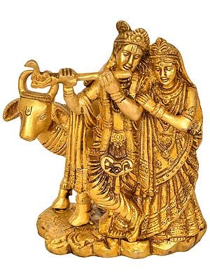 6" Radha Krishna with Cow In Brass | Handmade | Made In India